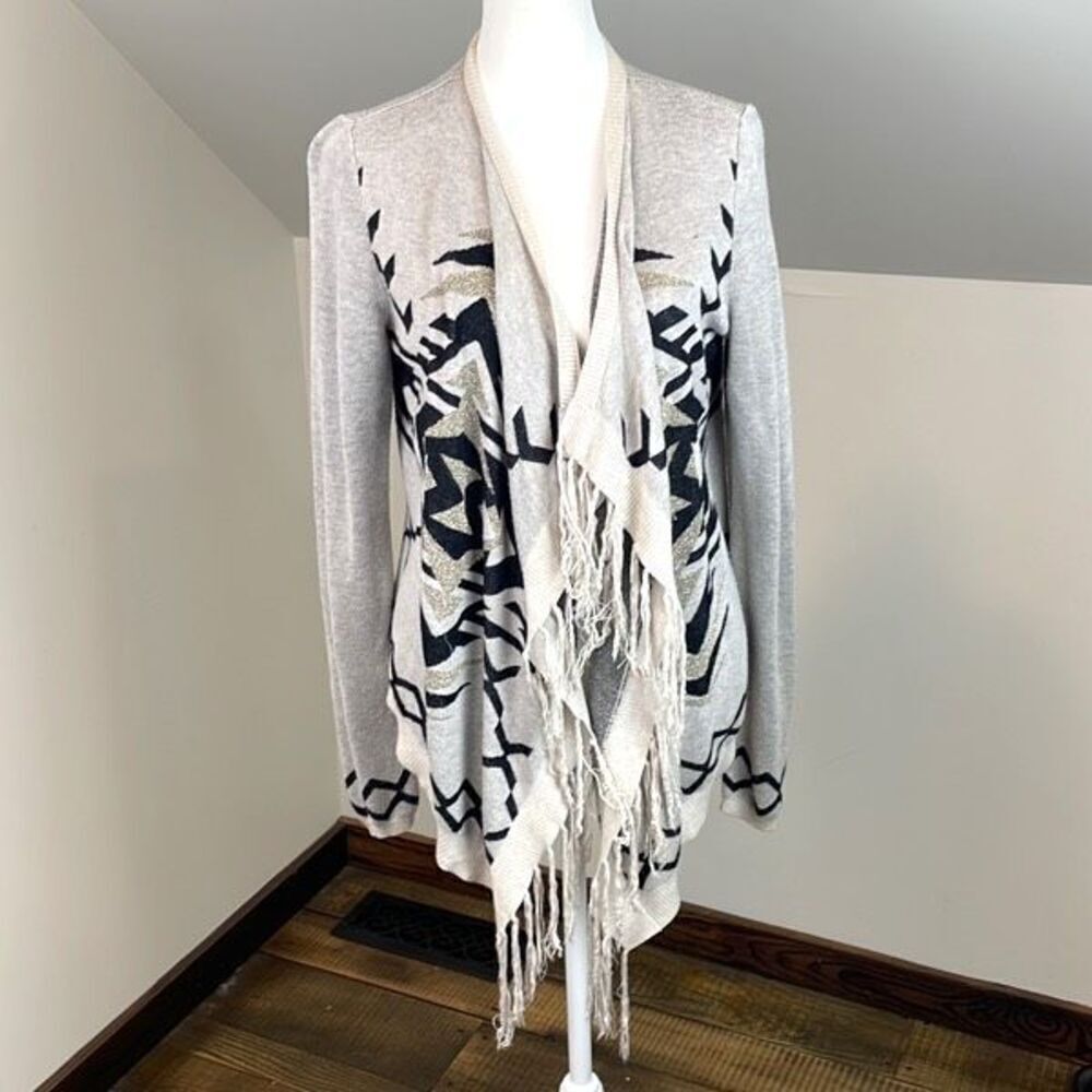 INC International Concepts Gray Cream Fringe Open-Front Cardigan